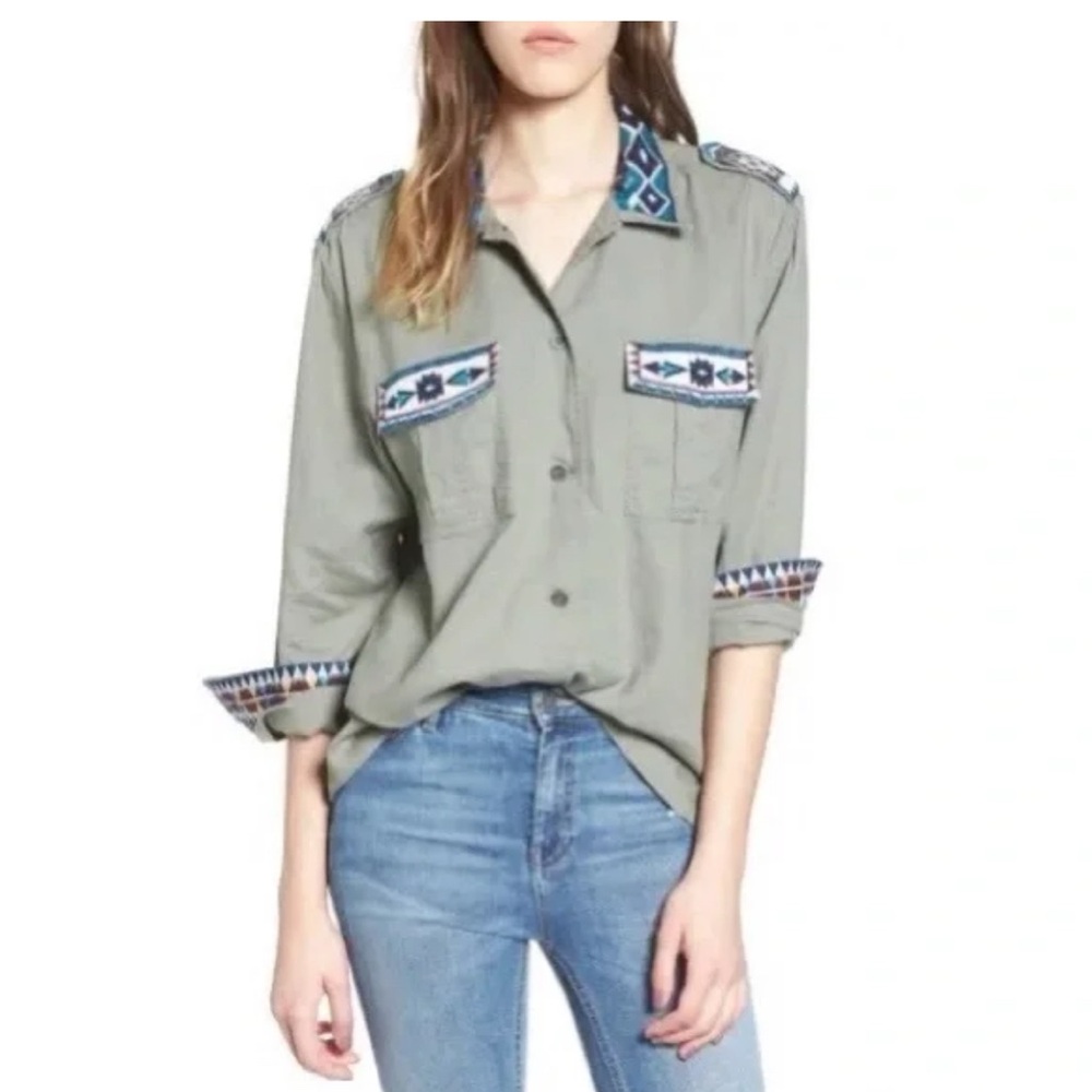 Rails Kona Linen Blend Sage green Embroidery button up blouse Shirt size XS